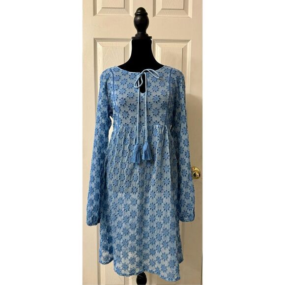 NWOT Sundance Catalog Embroidered Eyelet Boho Tassel Tie Collar Tunic Mini Dress - Picture 1 of 8